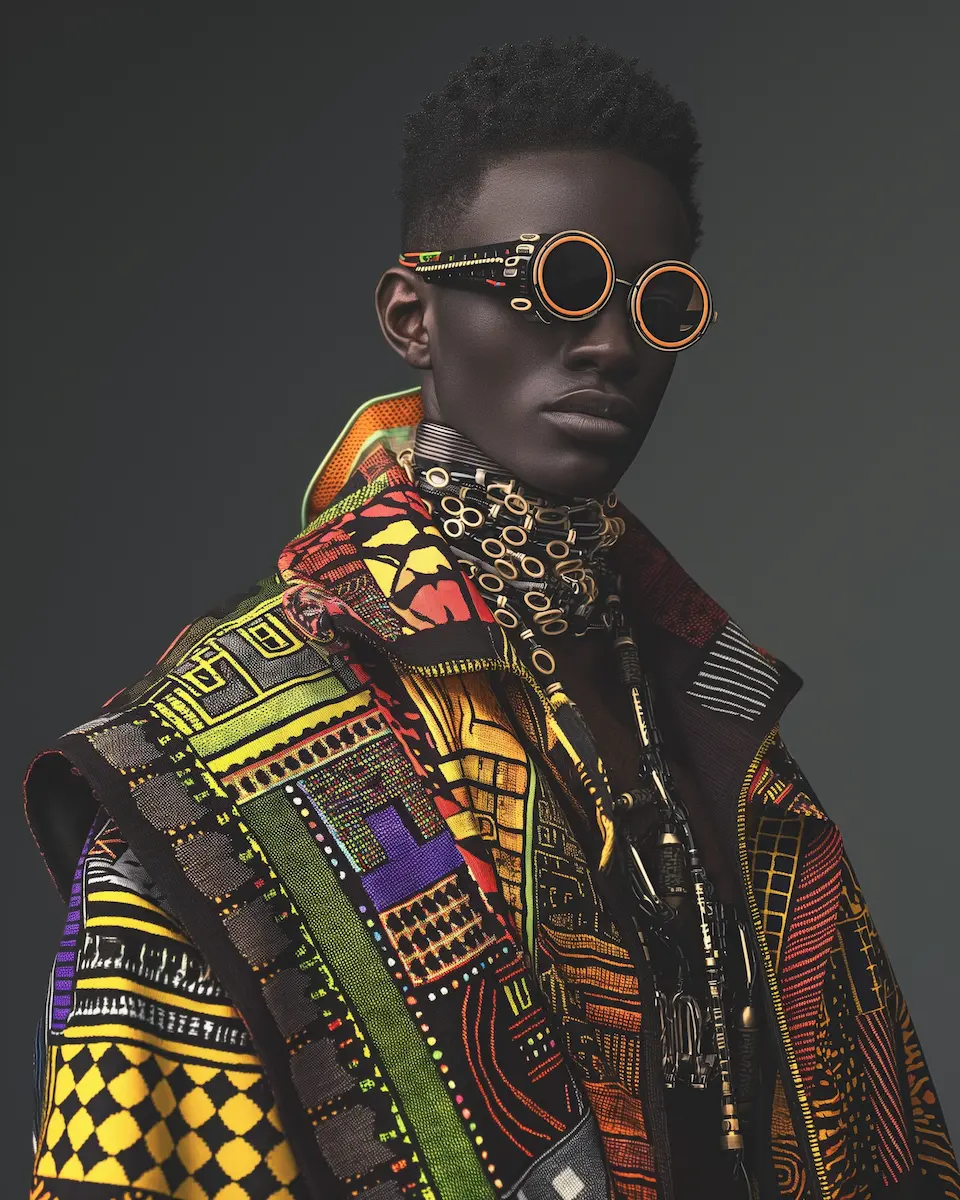 A model wearing Afro-Futurist Expression fashion, drawing on the Afro-futurism movement.